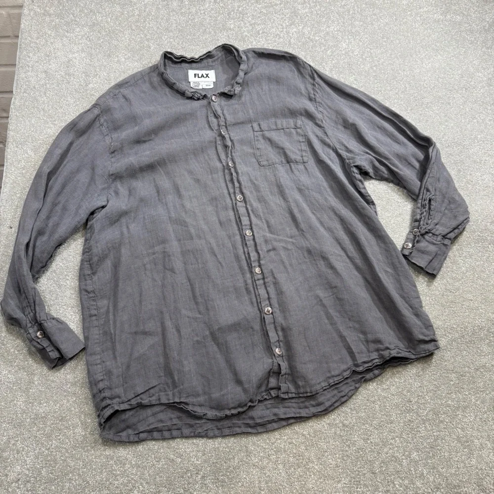 FLAX Linen Button Down Shirt Ruffle Collar Charcoal Gray Oversized L Lagenlook - Picture 2 of 11